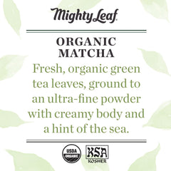Mighty Leaf Matcha powder closeup, finely milled texture supports smooth foamed drinks