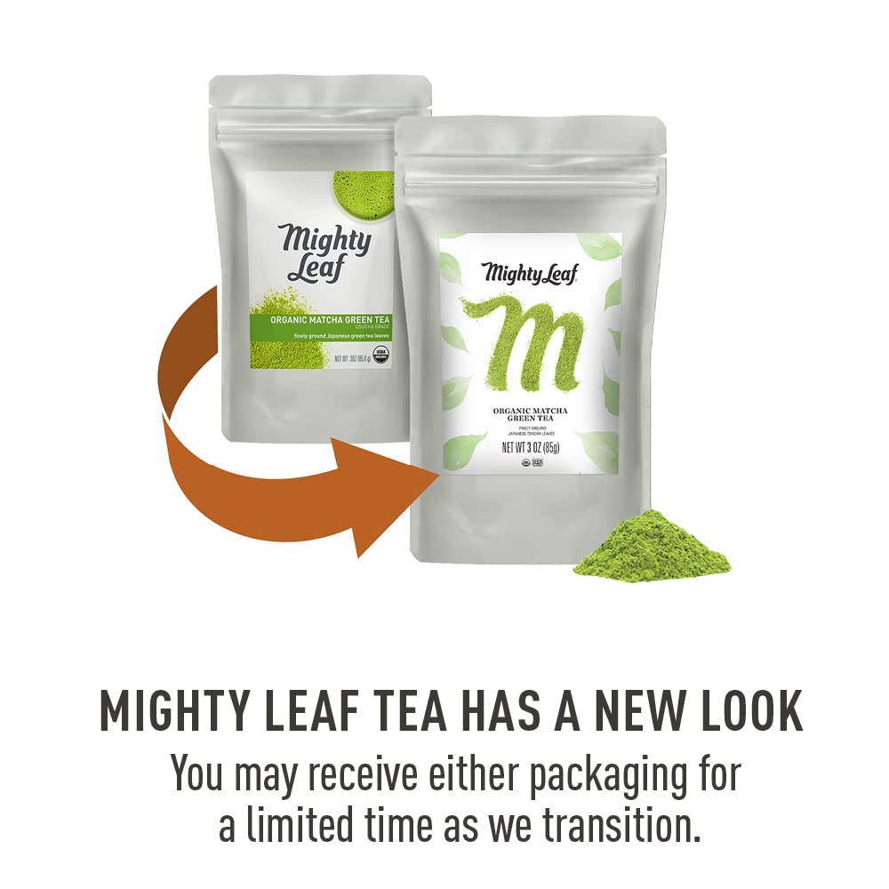 Mighty Leaf Organic Matcha green powder, bright color signals fresh, pure Japanese origin
