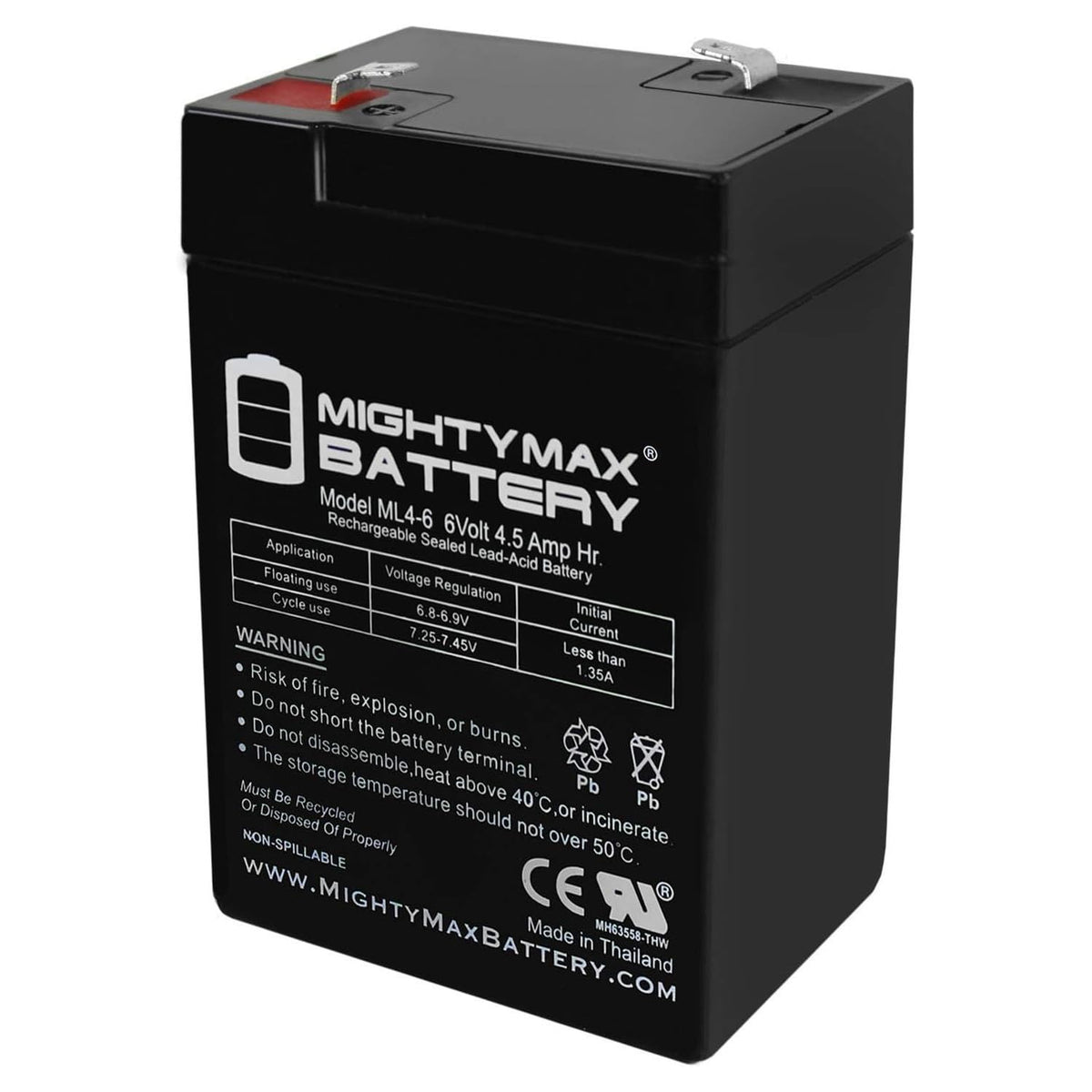 Mighty Max ML4-6 6V battery shows compact dimensions for easy device fit.