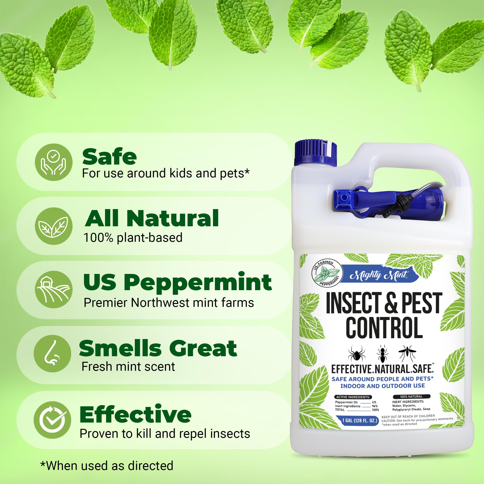 Mighty Mint gallon label close-up, showcasing peppermint oil-based pest deterrent.
