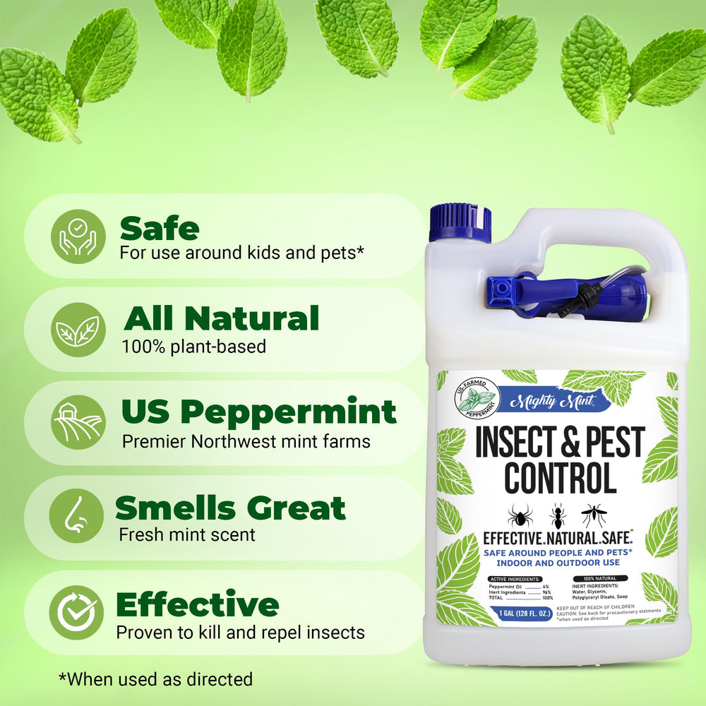 Mighty Mint gallon label close-up, showcasing peppermint oil-based pest deterrent.