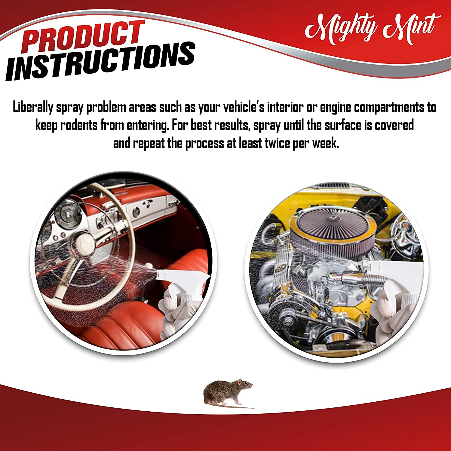 Mighty Mint rodent-repellent spray applied inside vehicle interior protects wiring.