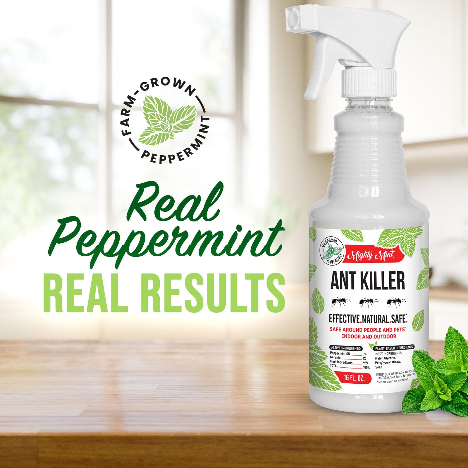 Mighty Mint ant spray demonstrates indoor-outdoor versatility for repelling ants near kitchens and patios.