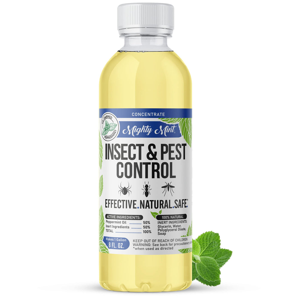 Mighty Mint Peppermint Oil bottle pour shows easy dilution for natural pest control.
