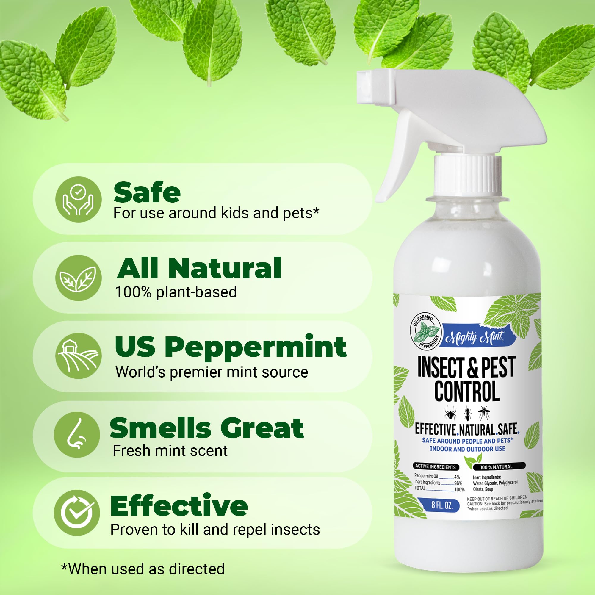 Mighty Mint peppermint oil spray application shown for pest control use.
