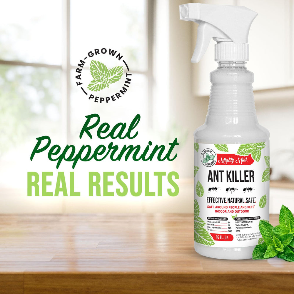 Mighty Mint bottle shows pet-friendly pest control for indoor use around pets.
