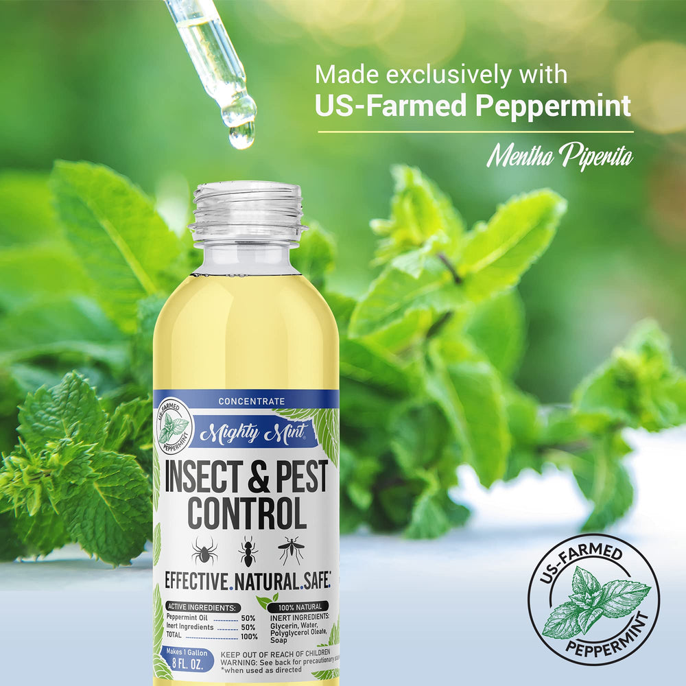 Mighty Mint bottle label highlights plant-based, pet-safe formula.