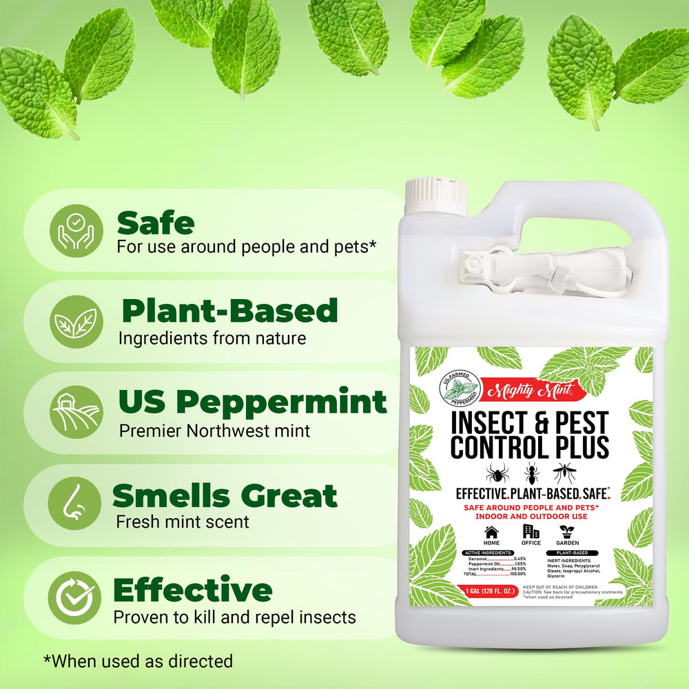 Close-up of Mighty Mint ingredients highlighting geraniol and peppermint oil for natural pest control.