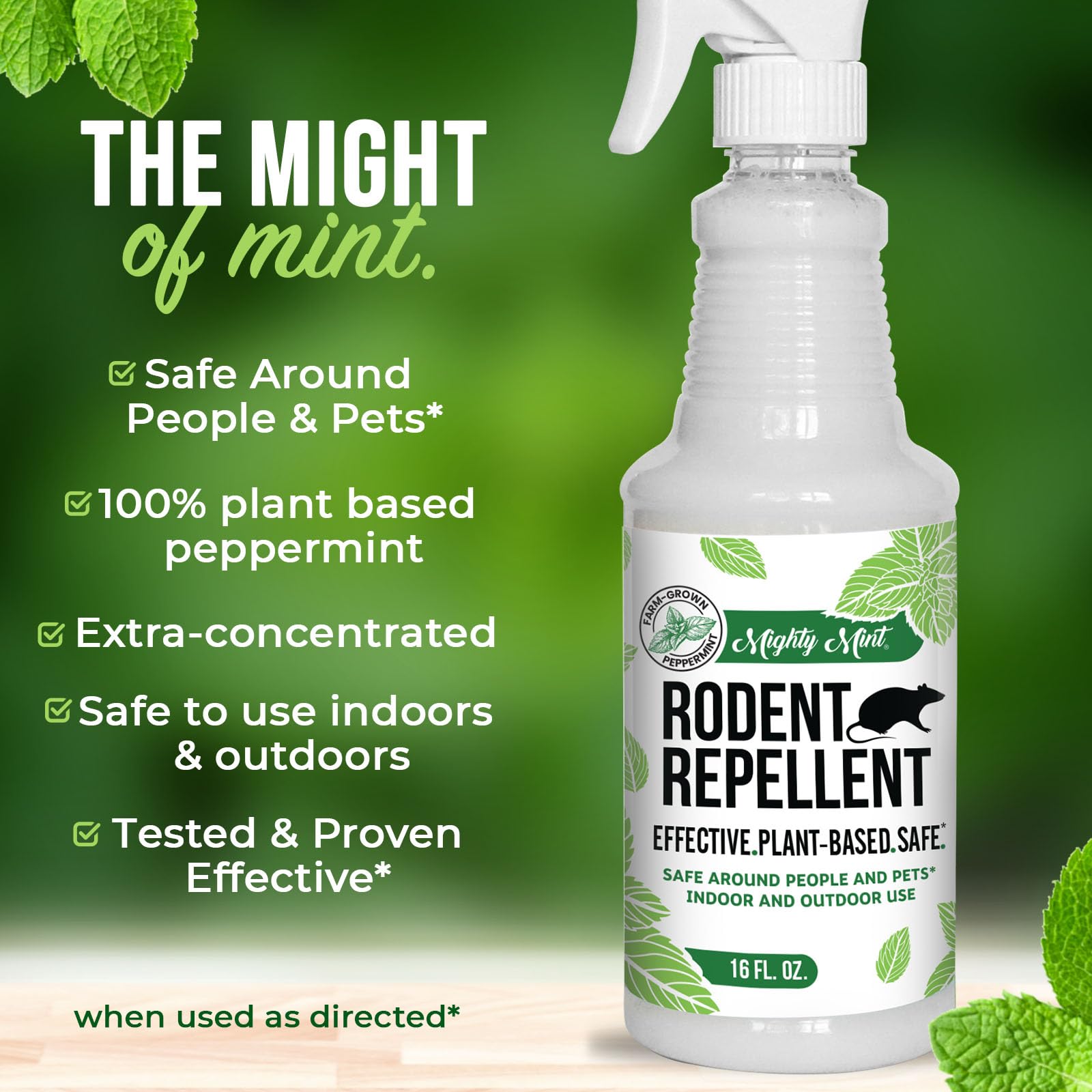 Mighty Mint bottle label emphasizes pet-friendly, family-safe formula.