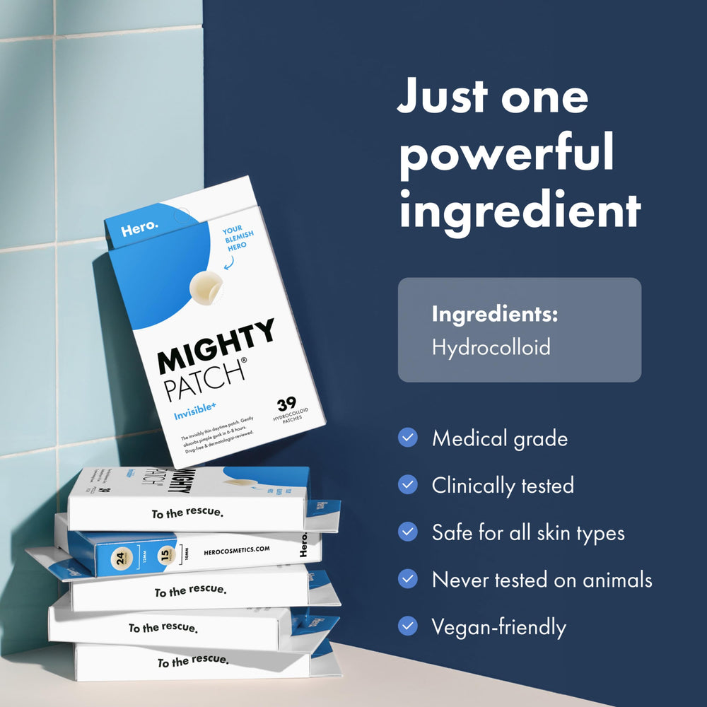 Mighty Patch Invisible+ small patch on face offers discreet spot coverage.