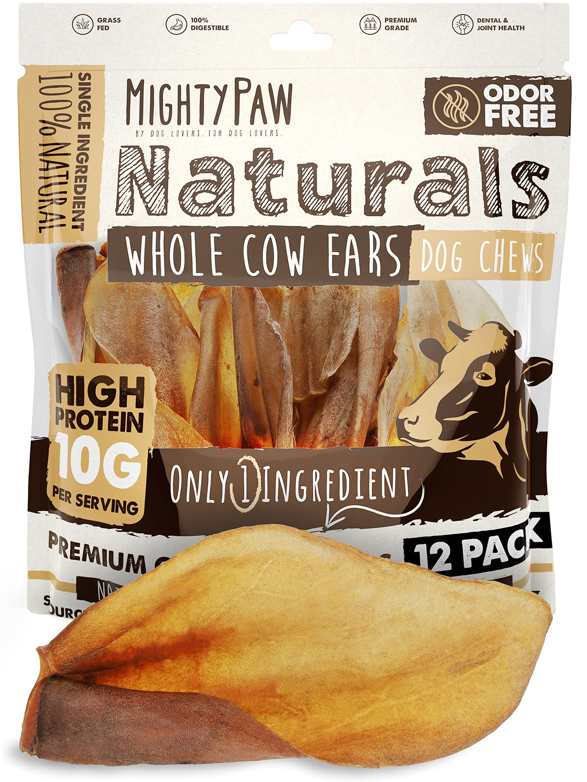 Mighty Paw cow ears for dogs in an open pack, protein-rich chew for dogs.