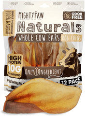 Mighty Paw cow ears for dogs in an open pack, protein-rich chew for dogs.