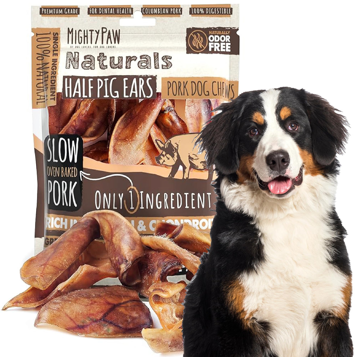 Mighty Paw Half Pig Ears pack shot showing natural, single-ingredient treats for dogs.