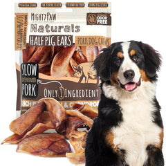 Mighty Paw Half Pig Ears pack shot showing natural, single-ingredient treats for dogs.