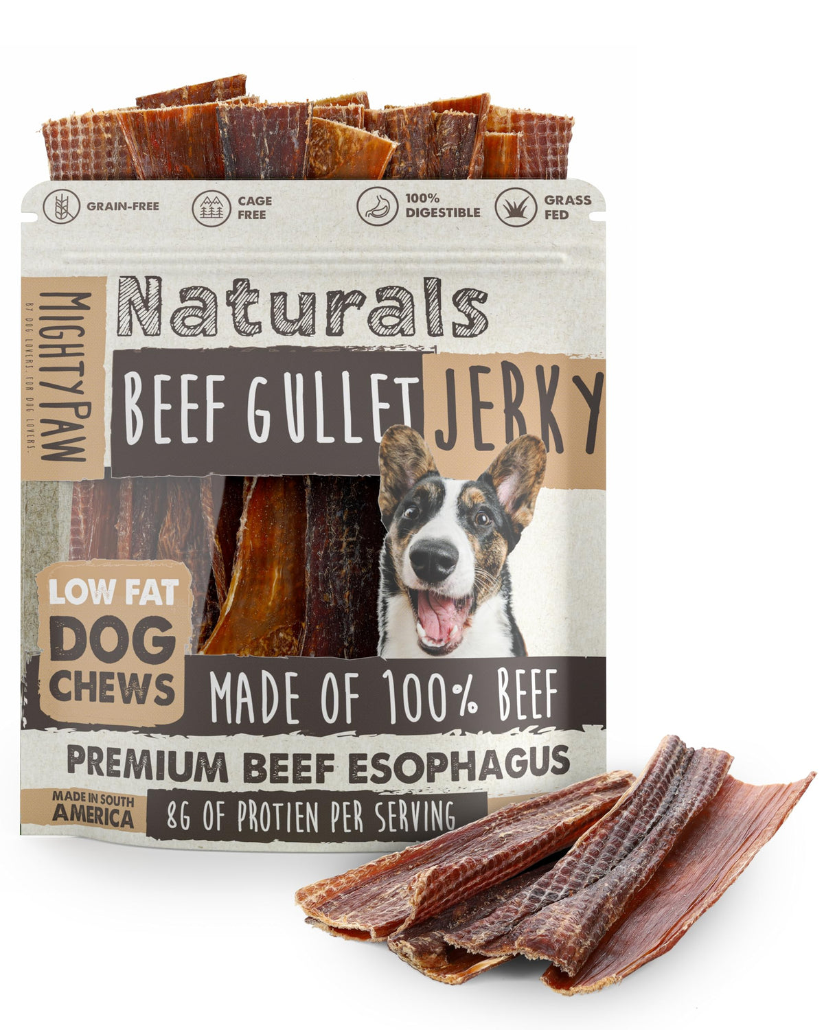 Mighty Paw Naturals beef gullet jerky slices offer a protein-rich dog chew