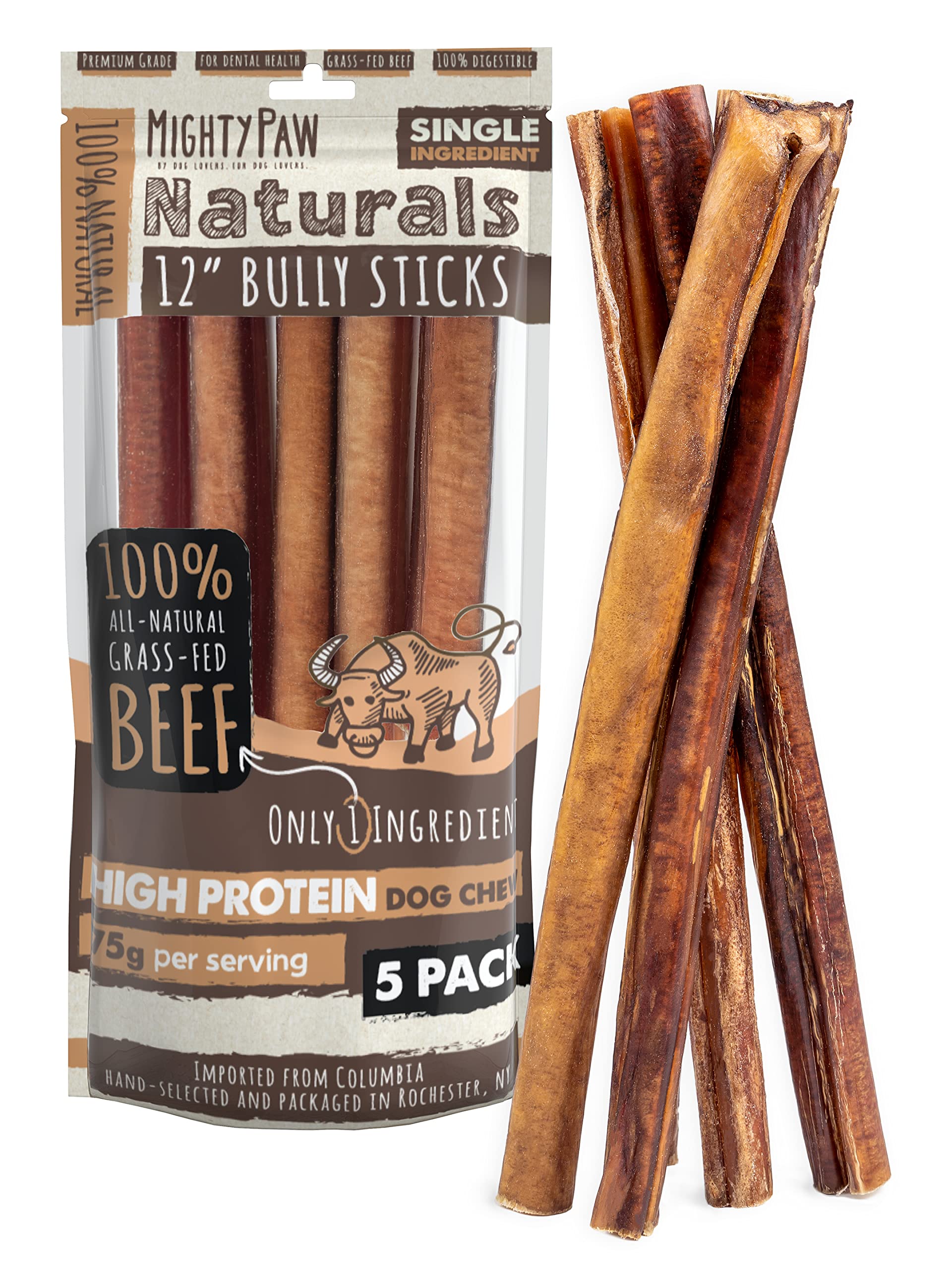 Mighty Paw Naturals bully sticks 12in pack closeup for a durable chew