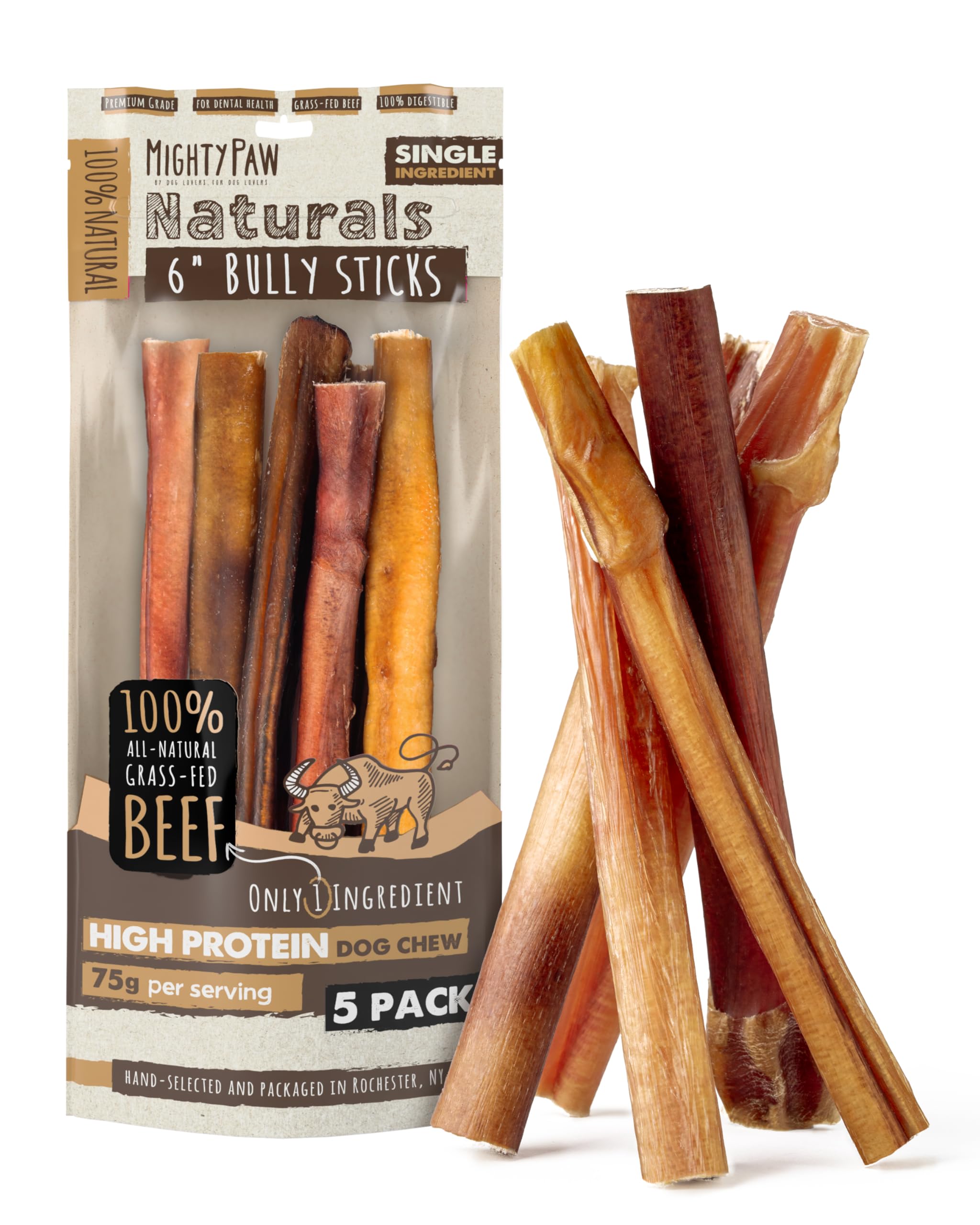 Mighty Paw Naturals Bully Sticks: boeuf naturel, 6 pouces, lot de 5, mastication durable