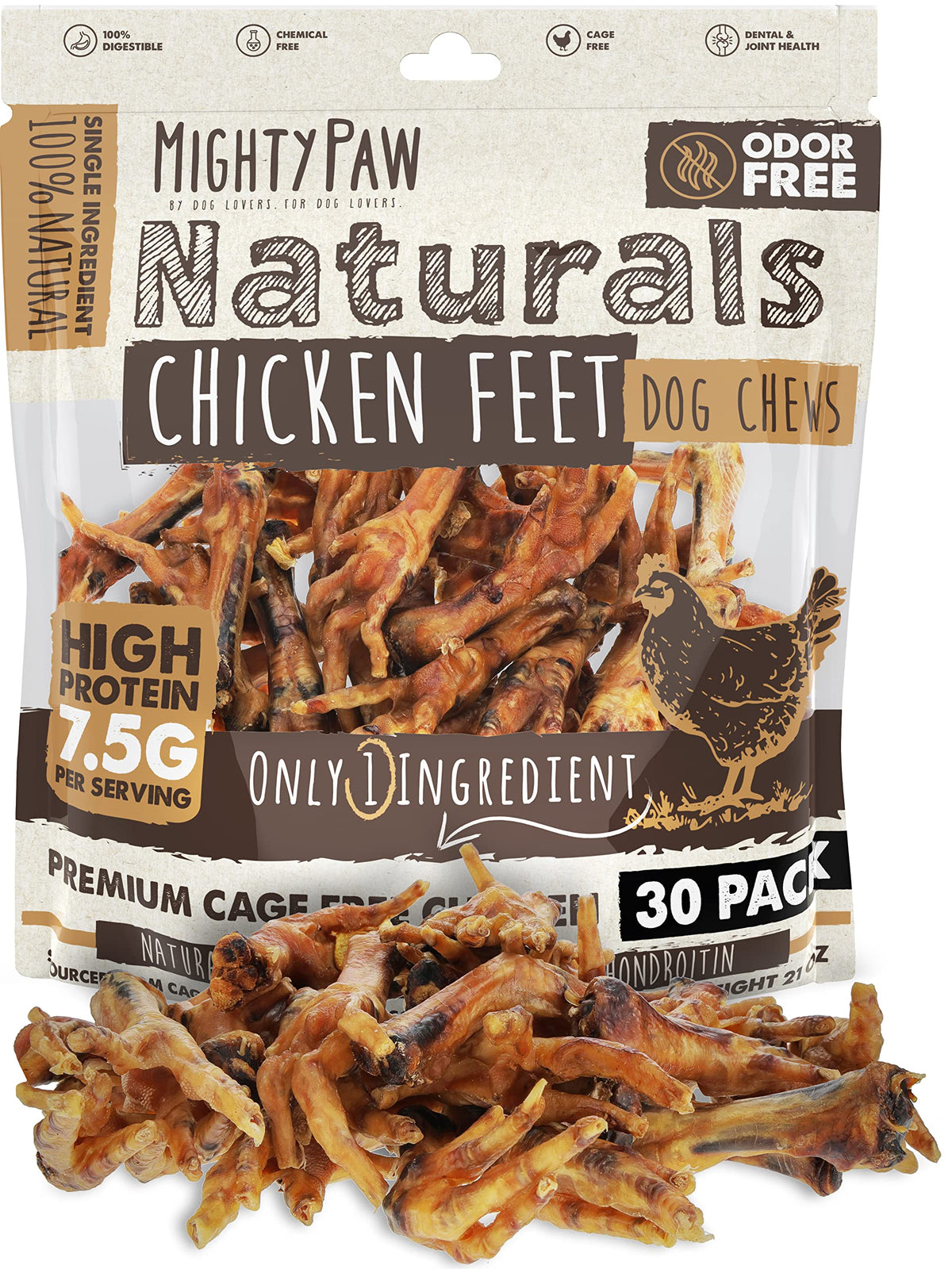 Mighty Paw Naturals chicken feet treats 30-pack, a natural protein-rich chew.