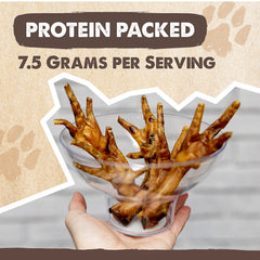 In-hand view of Mighty Paw Naturals chicken feet treats, easy portioning.