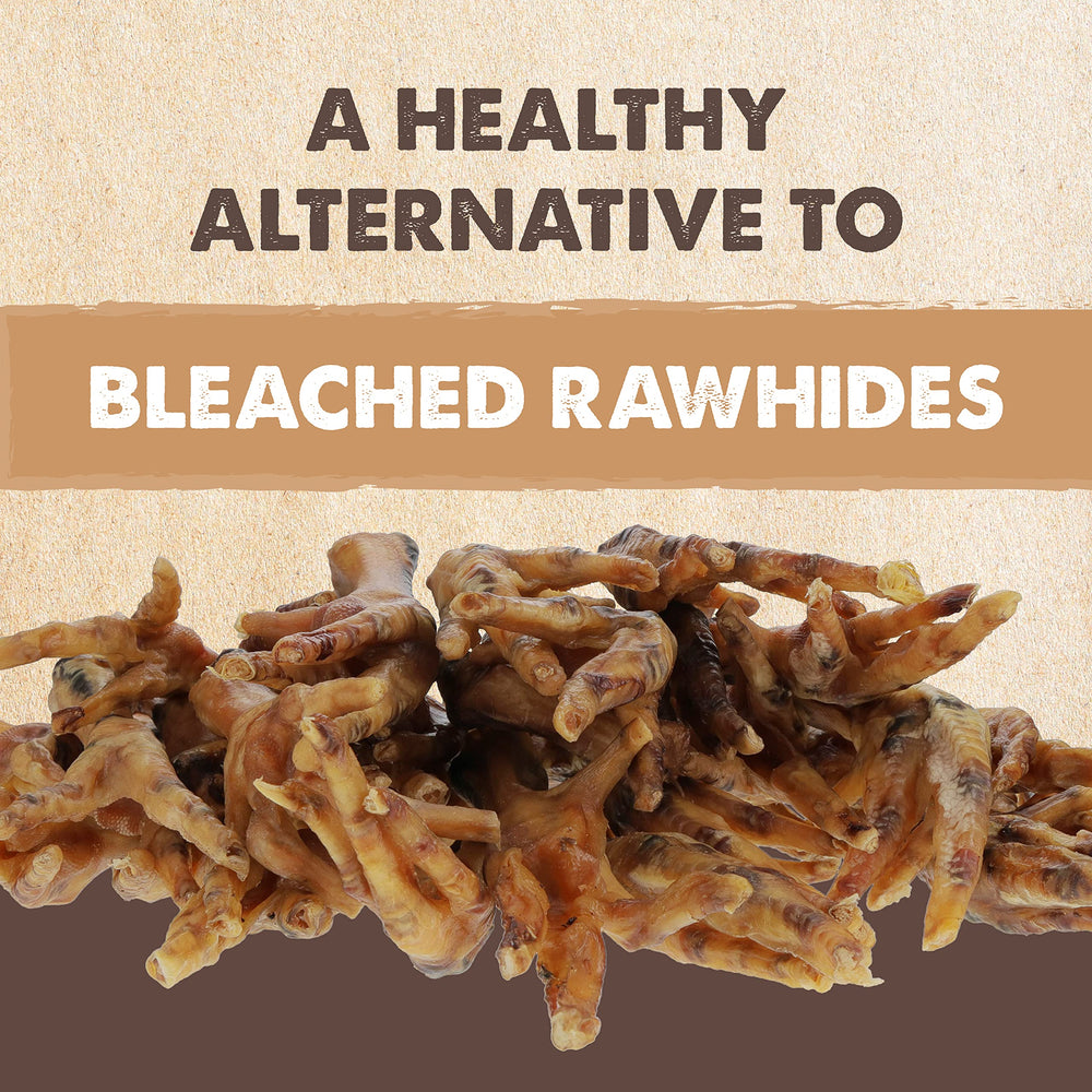 Nutrition-info card for Mighty Paw Naturals chicken feet treats, protein-rich snack.
