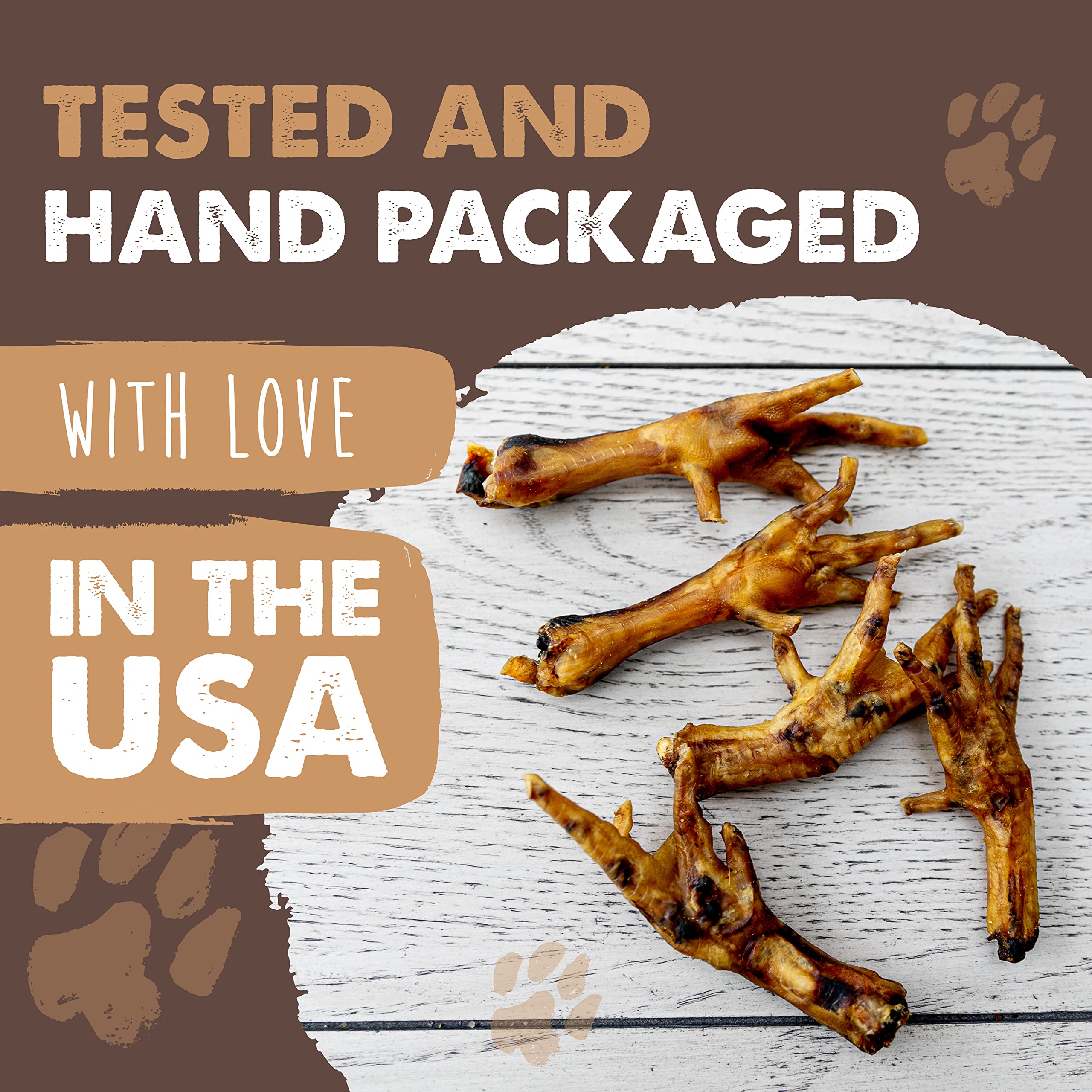 USA-pack label: Mighty Paw Naturals chicken feet treats, hand-packaged in Rochester.