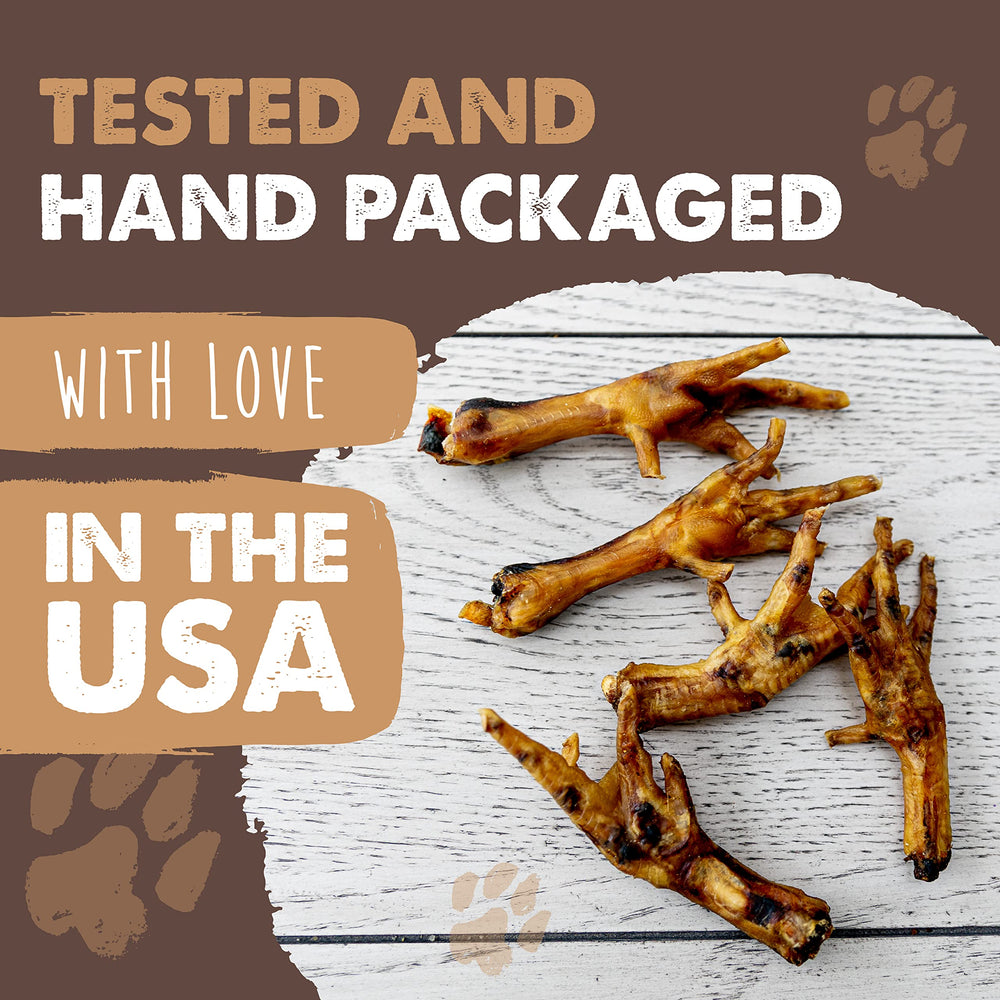 USA-pack label: Mighty Paw Naturals chicken feet treats, hand-packaged in Rochester.