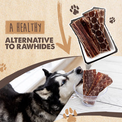 Dog enjoys Mighty Paw Naturals beef gullet jerky during playtime