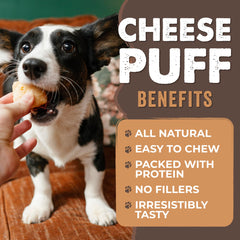 Ingredients close-up for Mighty Paw Yak Cheese Puffs showing three simple items.