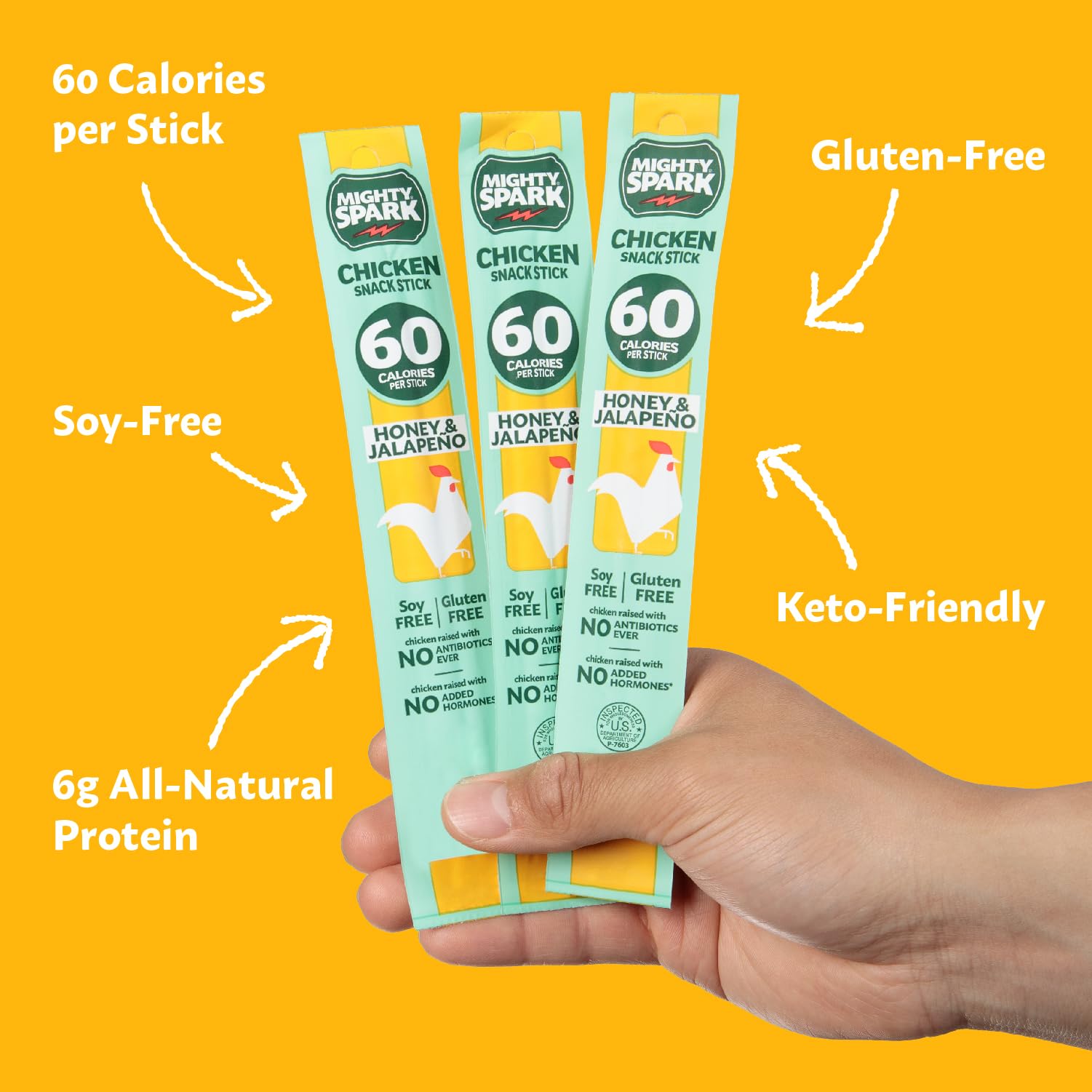 Nutrition facts label visible on Mighty Spark Honey Jalapeño sticks.