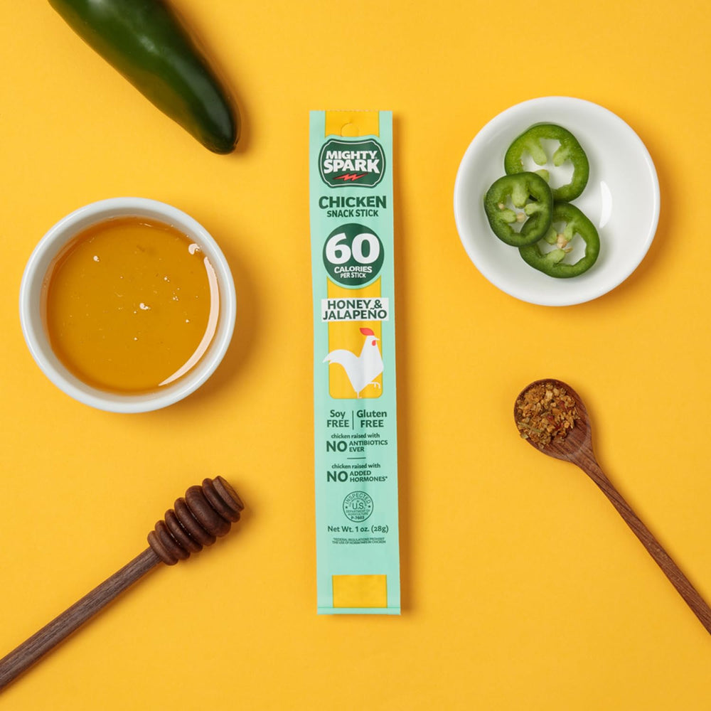 Soy-free label on Mighty Spark Honey Jalapeño sticks.