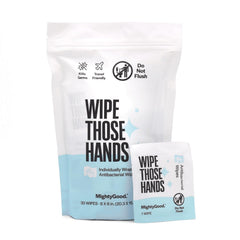 MightyGood Wipe Those Hands On-The-Go pack of 30 individually wrapped wipes for travel.