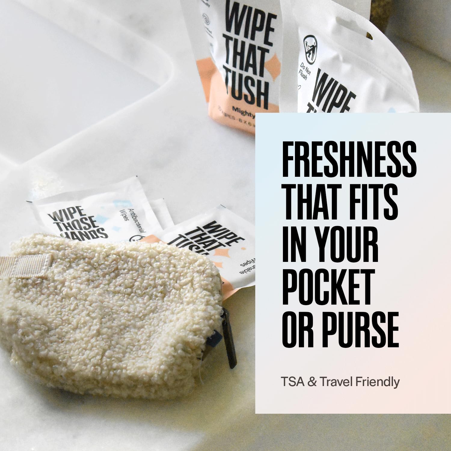 MightyGood Wipe That Tush flushable wipe for discreet on-the-go cleaning.