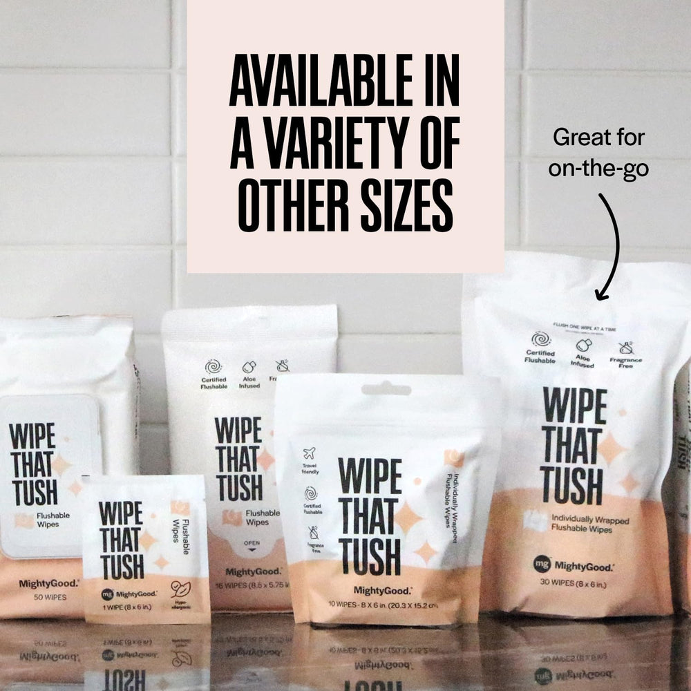 MightyGood Wipe That Tush 30-count pack with seal, ready to use.