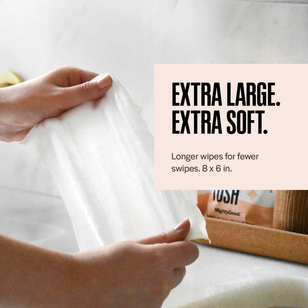 MightyGood Wipe That Tush Aloe & Vitamin E infused wipe for soothing cleansing.