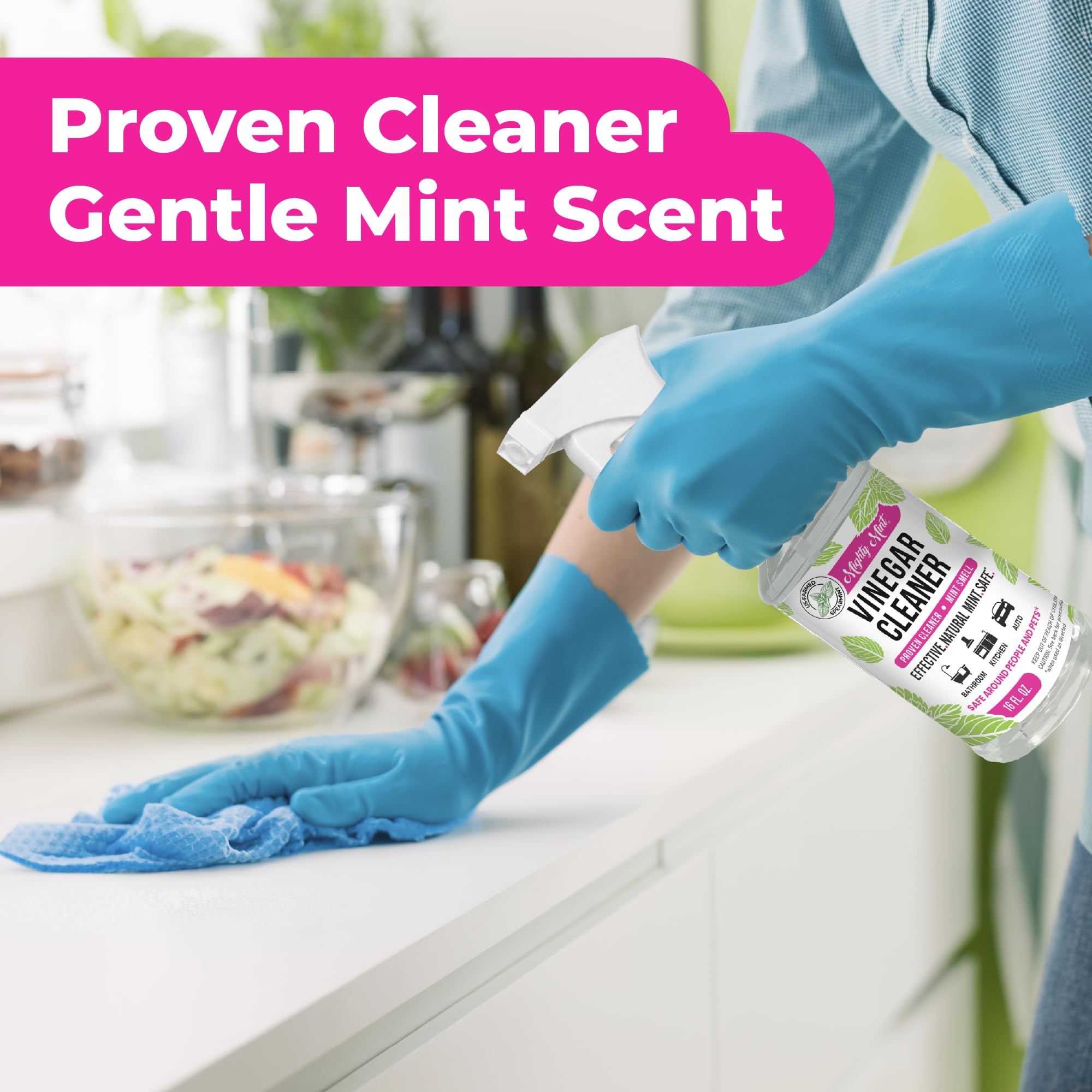 Mighty Mint all purpose cleaner spray action promotes versatile surface cleaning.