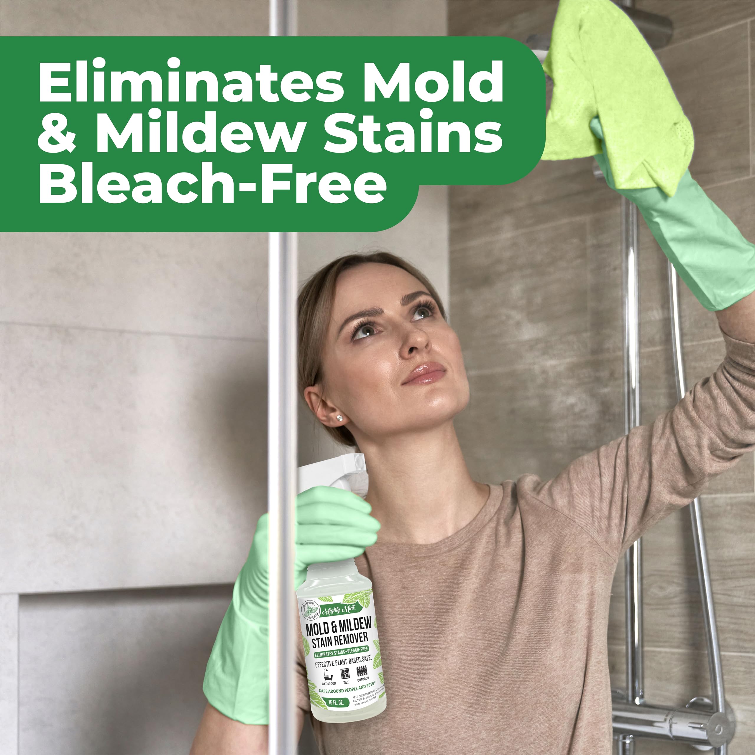 Mighty Mint bathroom-cleaning solution removes hard water marks effectively.