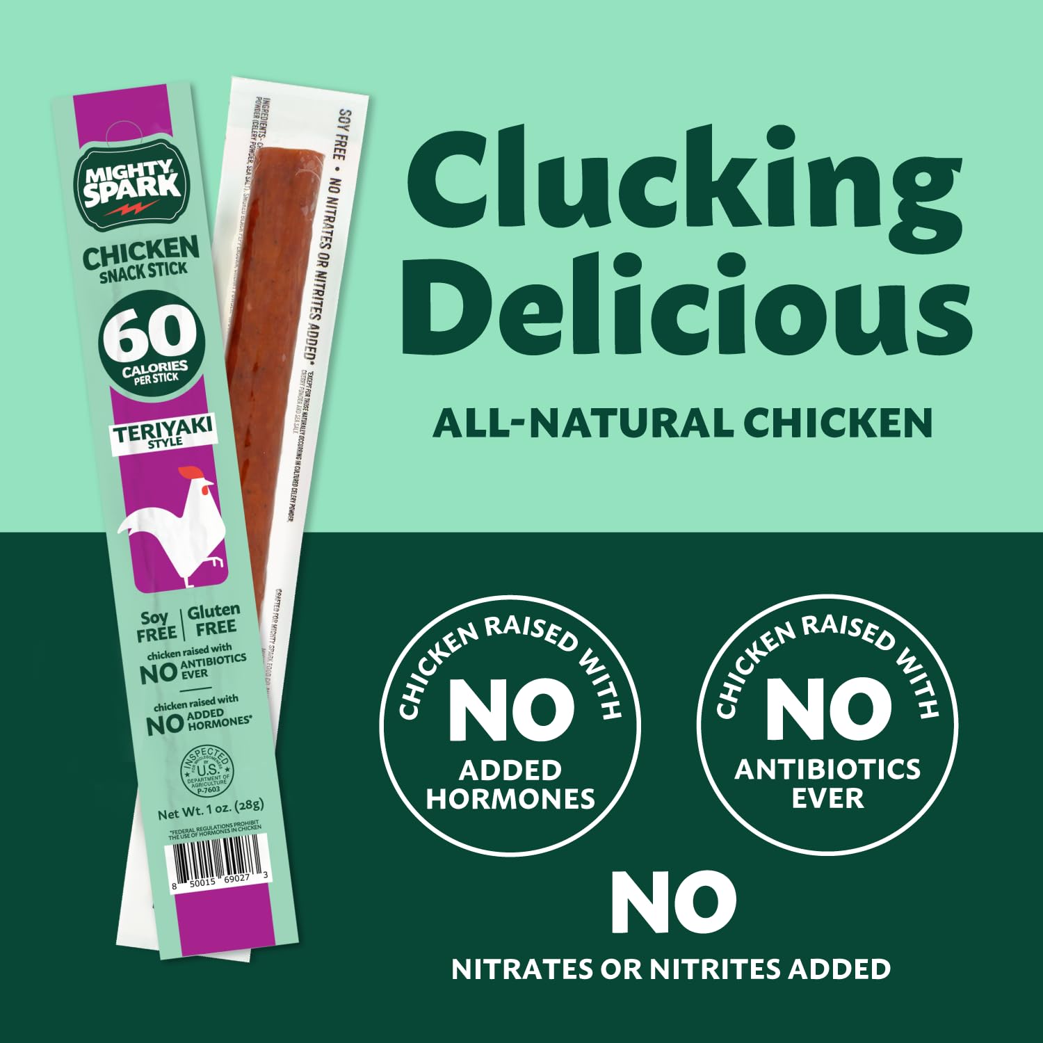 Close-up of a Mighty Spark chicken snack stick showing 6 g protein per piece.