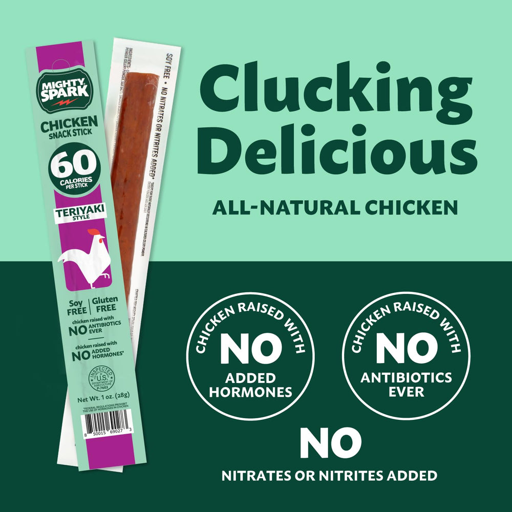 Close-up of a Mighty Spark chicken snack stick showing 6 g protein per piece.