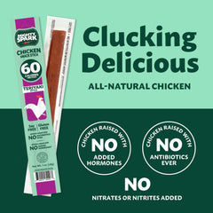 Close-up of a Mighty Spark chicken snack stick showing 6 g protein per piece.