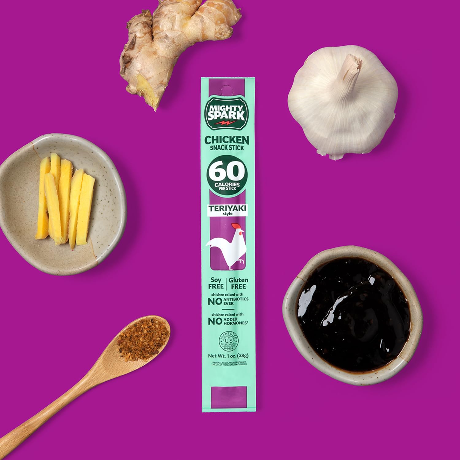 Mighty Spark chicken snack stick ready for desk or bag use on the go.