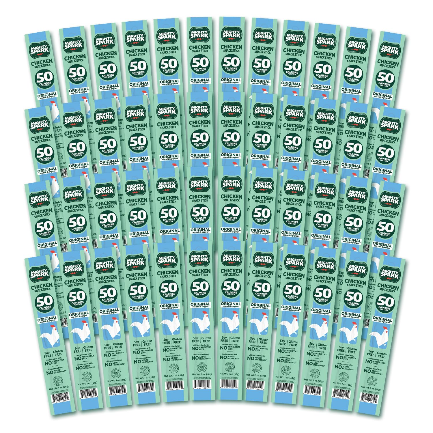 Mighty Spark chicken snack sticks front pack showing sea salt and pepper flavor, convenient snack.