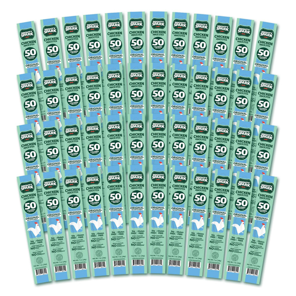 Mighty Spark chicken snack sticks front pack showing sea salt and pepper flavor, convenient snack.