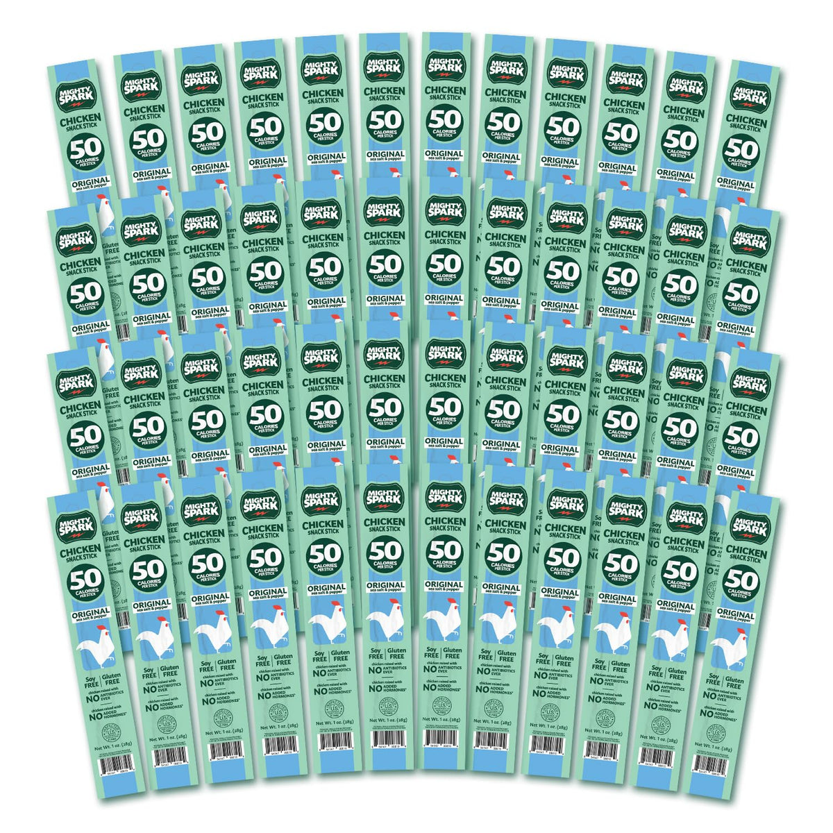 Mighty Spark chicken snack sticks front pack showing sea salt and pepper flavor, convenient snack.