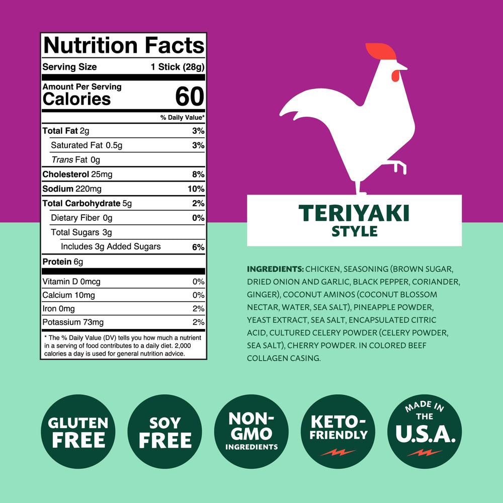 Mighty Spark teriyaki chicken snack stick held in hand for on-the-go eating.