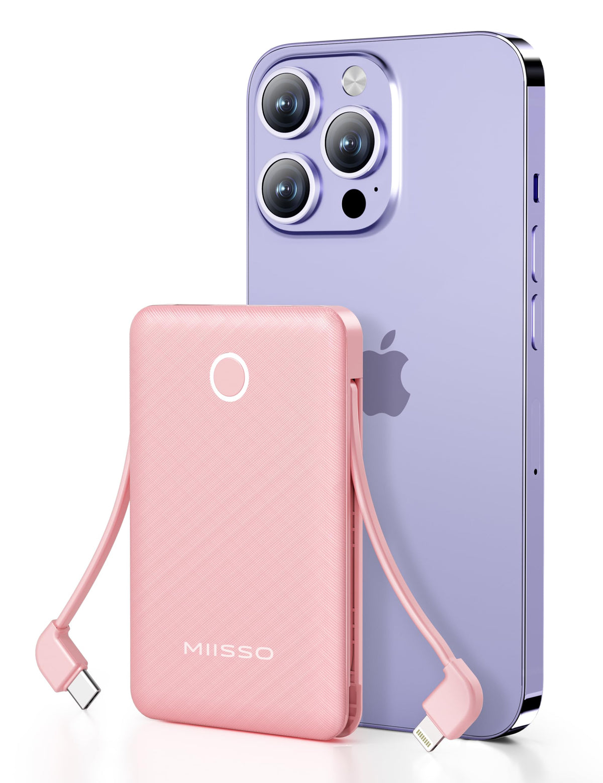Miisso 6000mAh ultra-slim power bank with built-in cables for on-the-go charging.