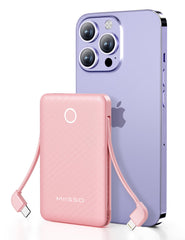 Miisso 6000mAh ultra-slim power bank with built-in cables for on-the-go charging.