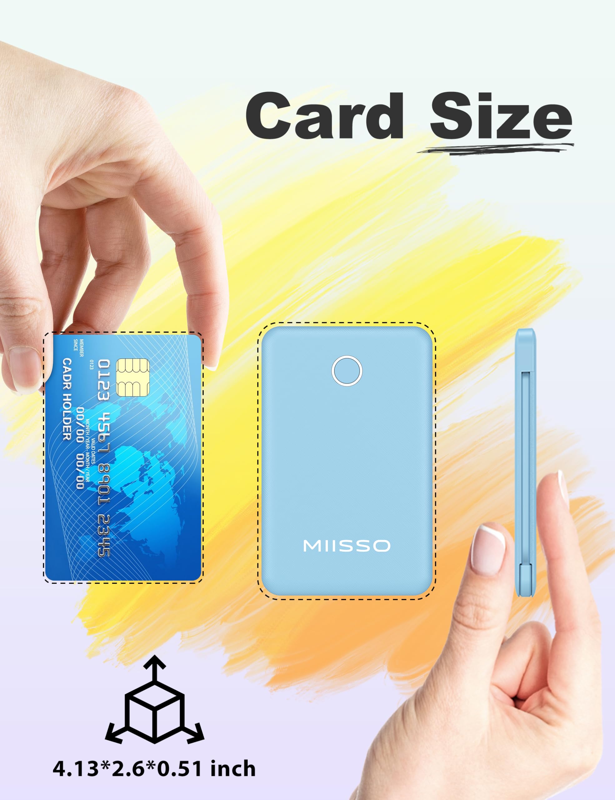 miisso card-size blue power bank with built-in cables and pocket-friendly design