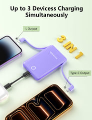 Charge three devices at once on trips or errands.