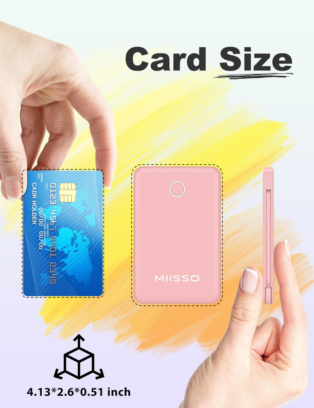 Miisso credit-card-size charger offers compact power for pockets and bags.
