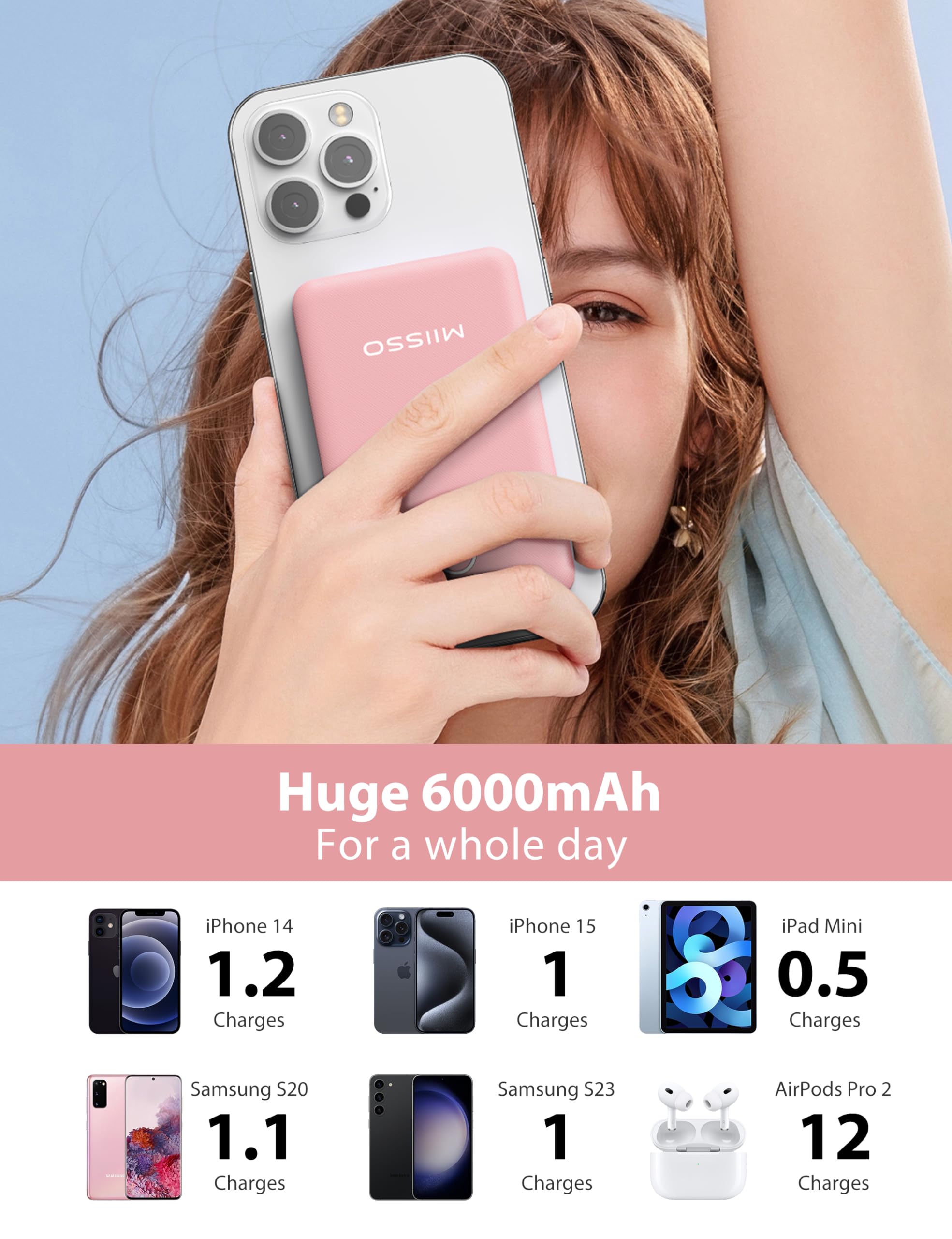 Miisso pink power bank suits daily use with stylish portability.